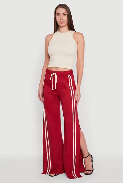 Womens Varsity Stripe Side Slit Pintuck Wide Leg Pants, Burgundy, Size M
