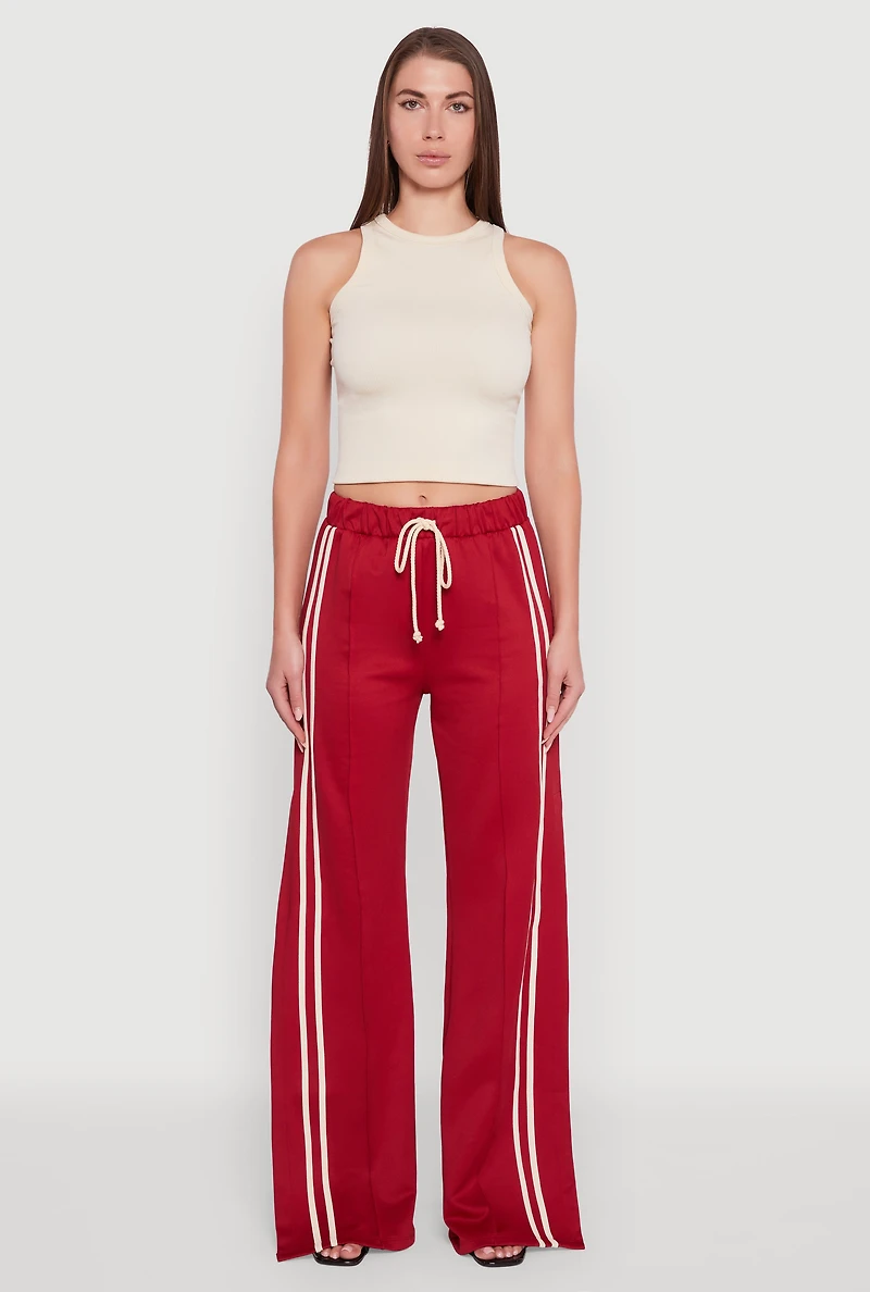 Womens Varsity Stripe Side Slit Pintuck Wide Leg Pants, XL