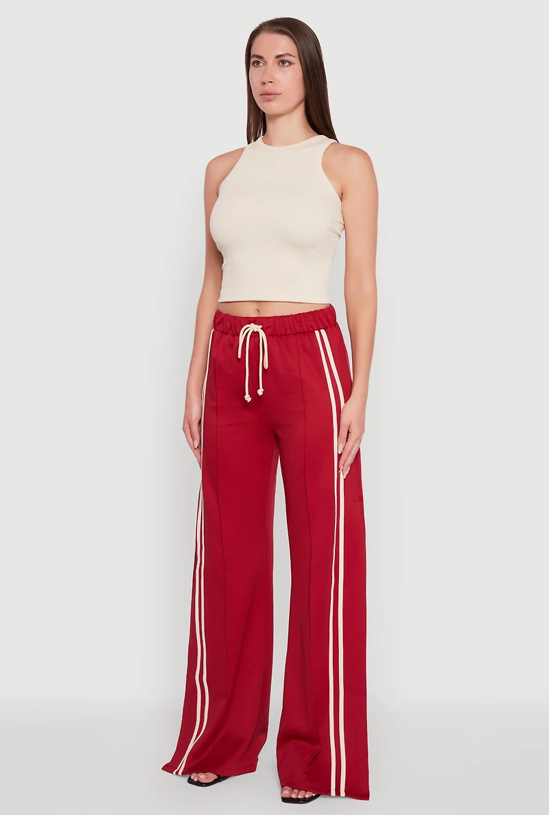 Varsity Stripe Side Slit Pintuck Wide Leg Pants