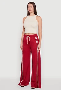 Varsity Stripe Side Slit Pintuck Wide Leg Pants