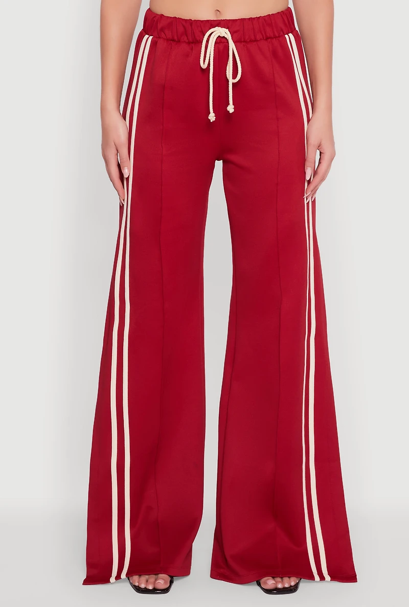 Womens Varsity Stripe Side Slit Pintuck Wide Leg Pants, XL