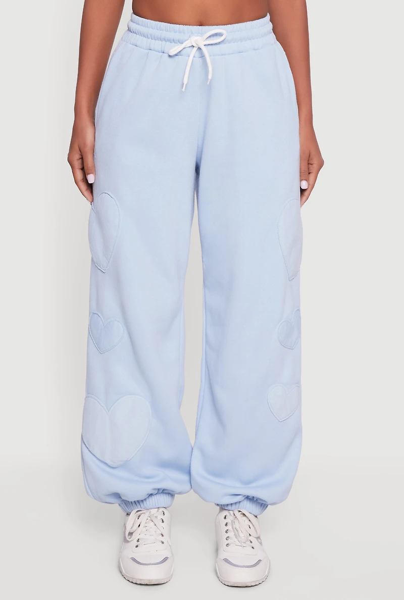 Womens Heart Patch Fleece Sweatpants, Blue, Size S