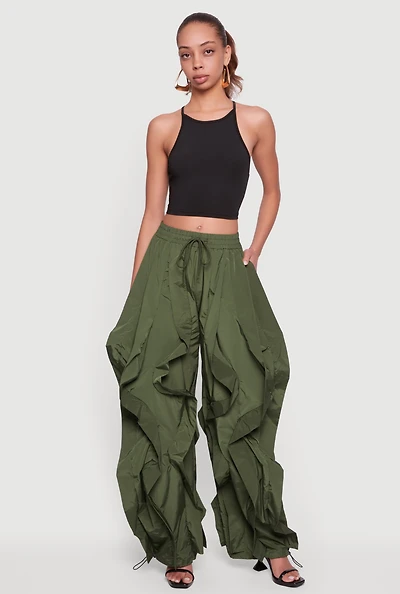 Drawstring Waist Ruffle Parachute Pants
