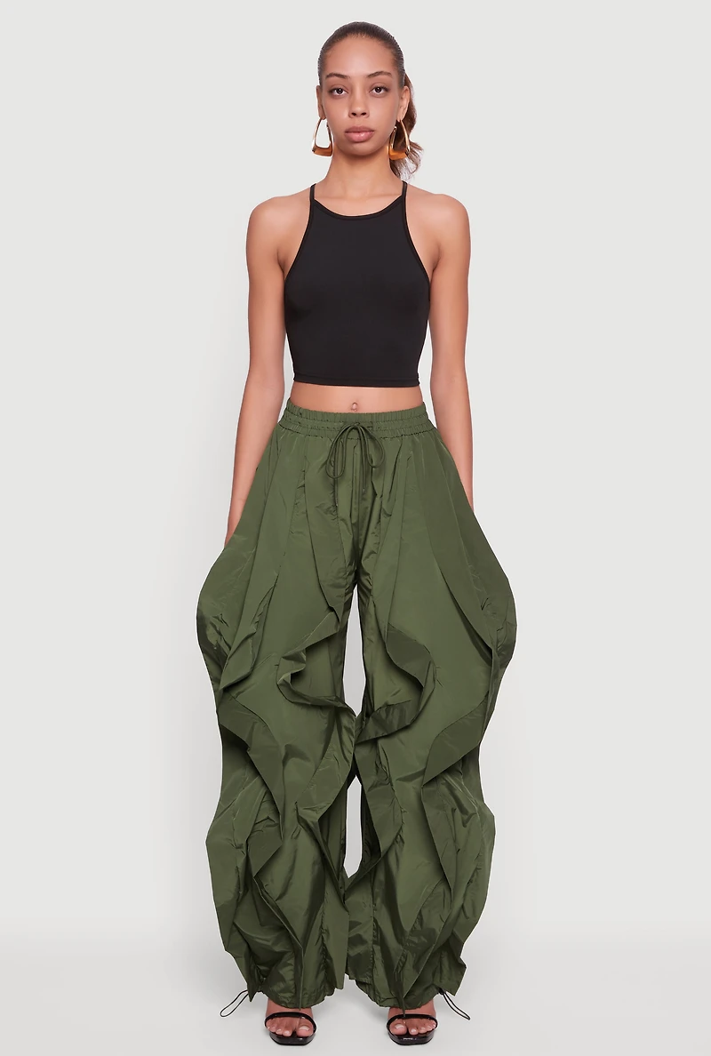 Drawstring Waist Ruffle Parachute Pants