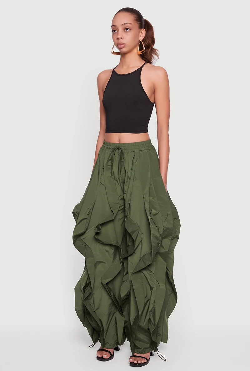 Drawstring Waist Ruffle Parachute Pants