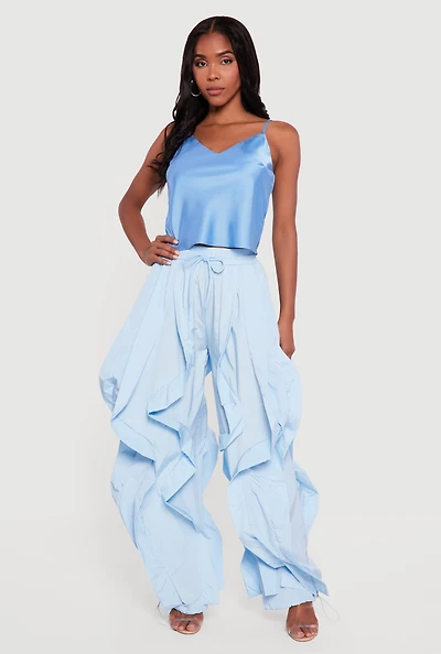 Drawstring Waist Ruffle Parachute Pants