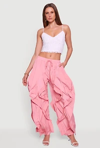 Womens Drawstring Waist Ruffle Parachute Pants, Pink,