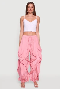 Womens Drawstring Waist Ruffle Parachute Pants, Pink,