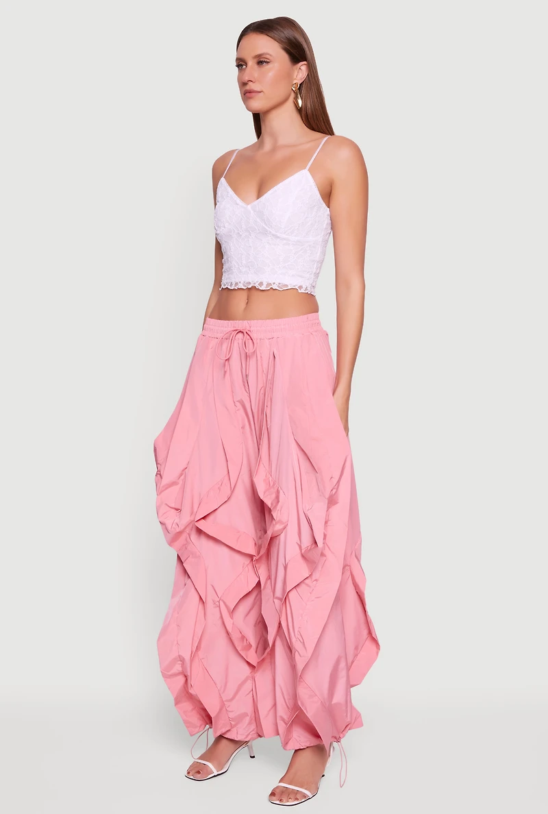 Womens Drawstring Waist Ruffle Parachute Pants, Pink,