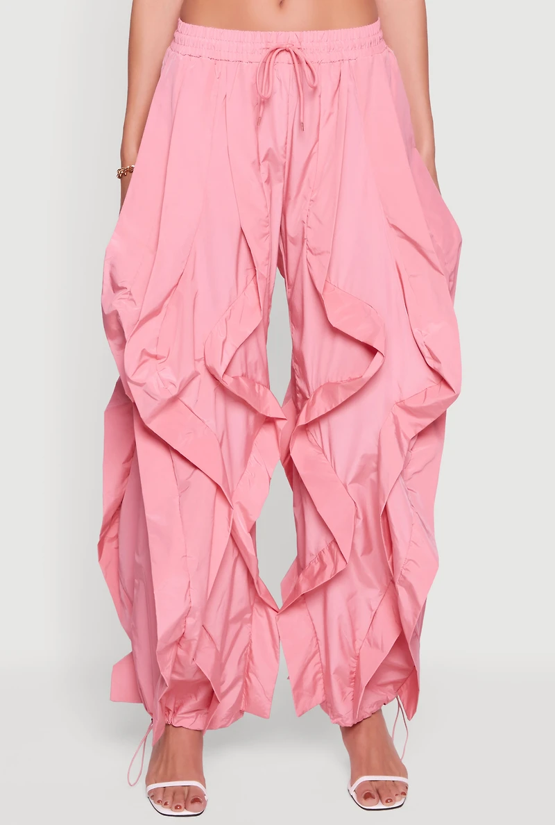 Womens Drawstring Waist Ruffle Parachute Pants, Pink,