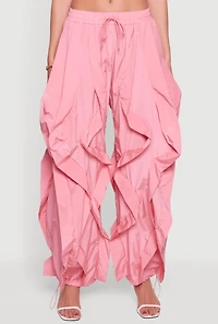 Womens Drawstring Waist Ruffle Parachute Pants, Pink,