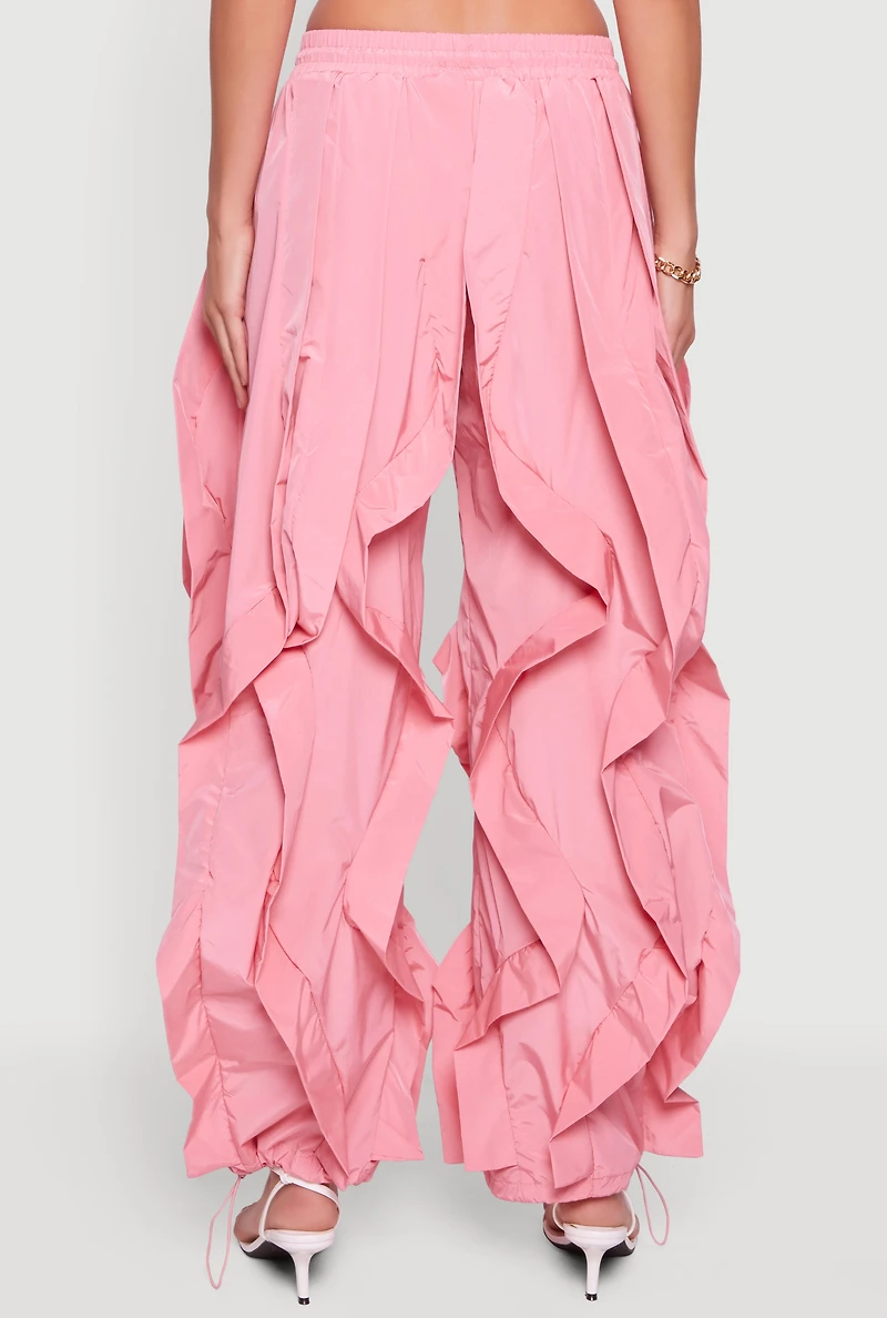 Womens Drawstring Waist Ruffle Parachute Pants, Pink,