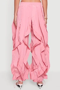 Womens Drawstring Waist Ruffle Parachute Pants, Pink,