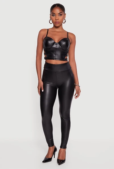 Womens Faux Leather High Waisted Fleece Lined Leggings, Black, Size M