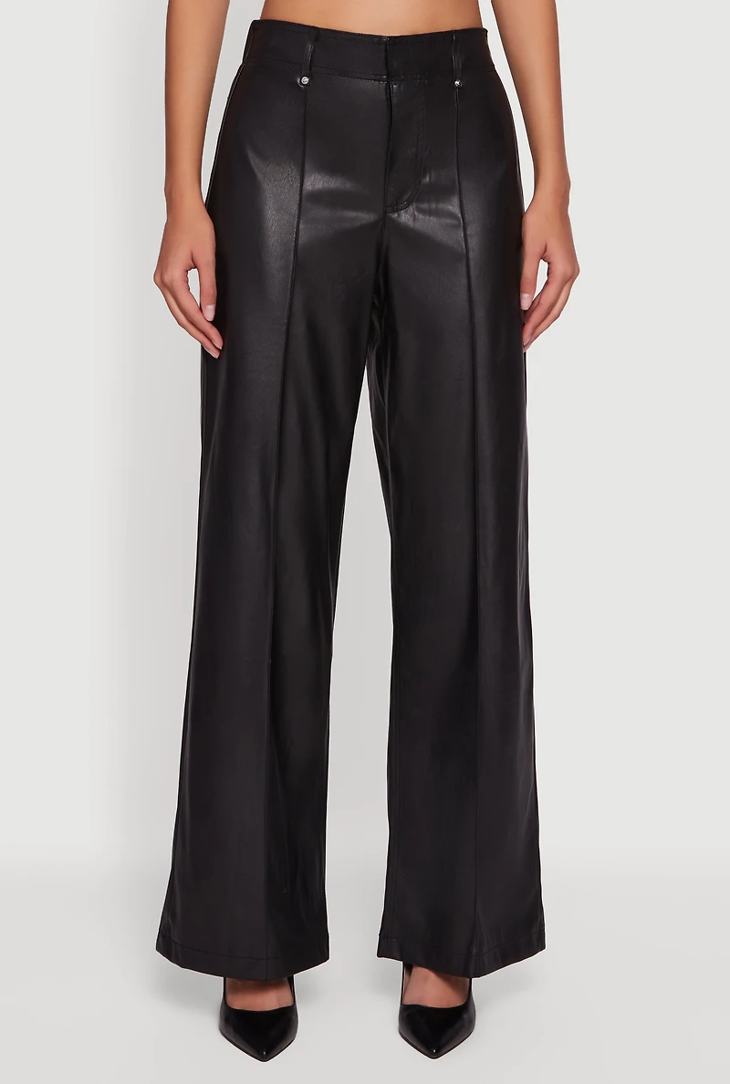 Womens Faux Leather High Waisted Pintuck Dress Pants,