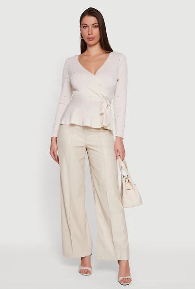 Womens Faux Leather High Waisted Pintuck Dress Pants, Khaki, Size L