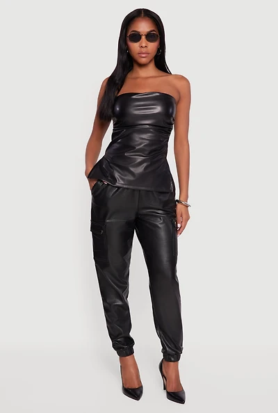 Faux Leather High Waisted Fleece Lined Cargo Joggers
