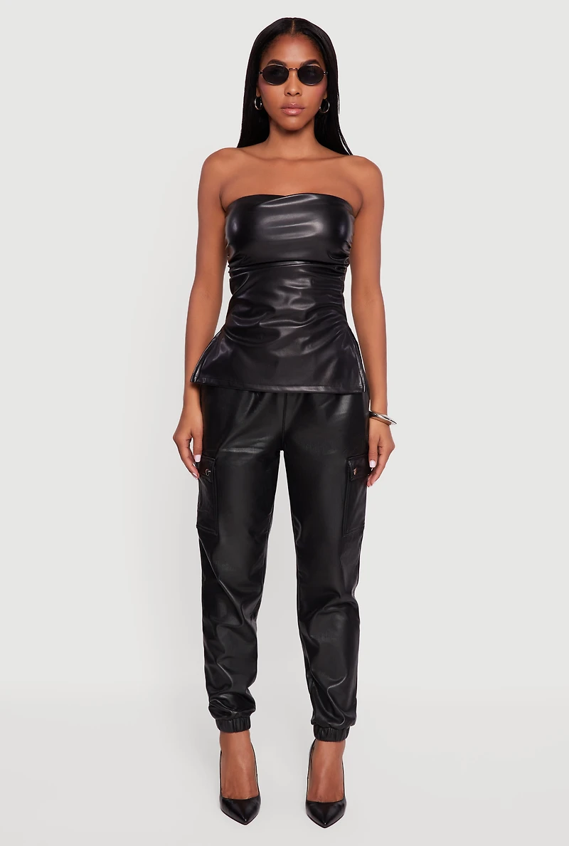 Faux Leather High Waisted Fleece Lined Cargo Joggers