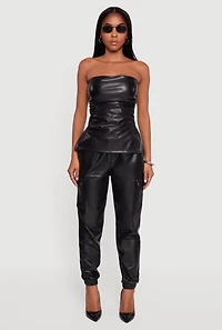 Faux Leather High Waisted Fleece Lined Cargo Joggers