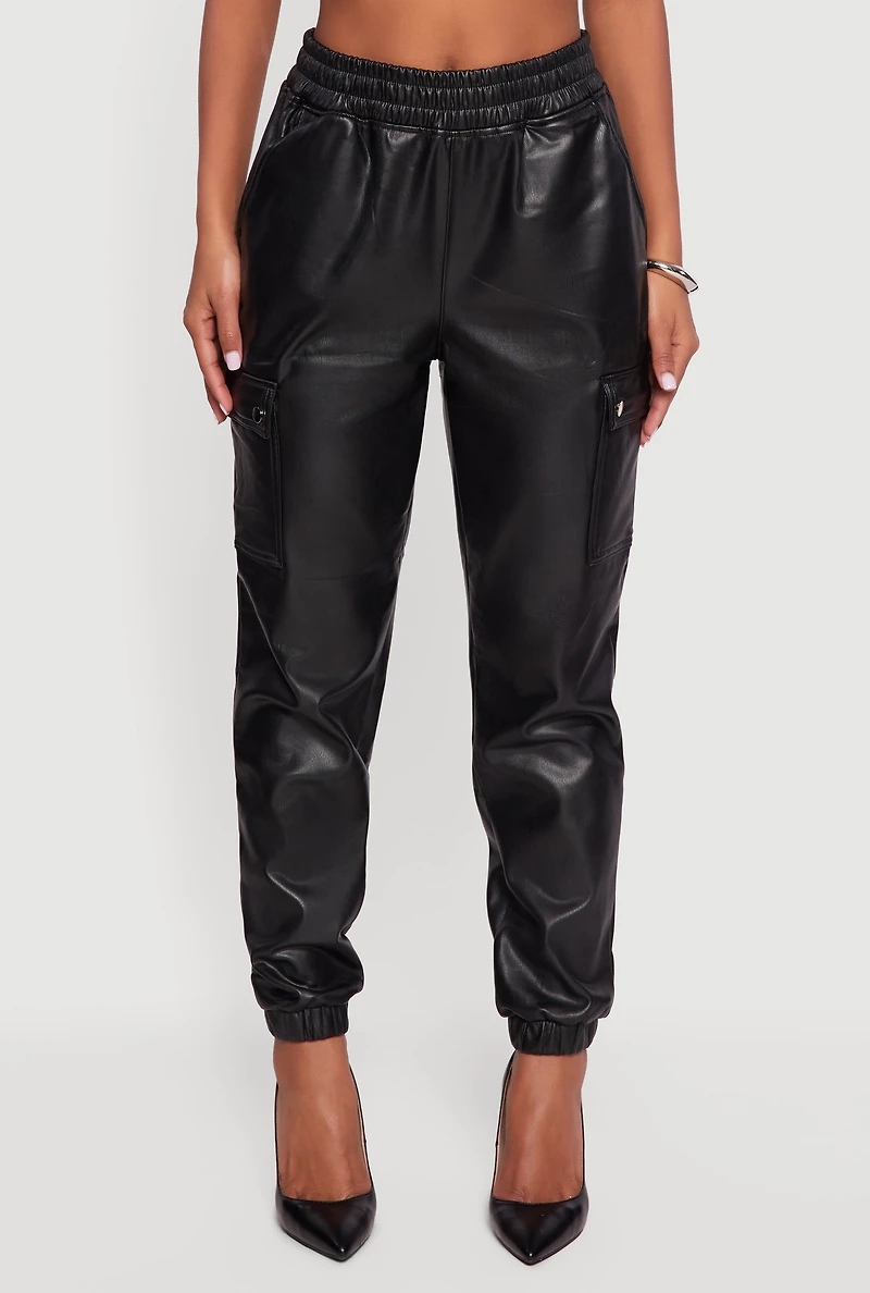 Faux Leather High Waisted Fleece Lined Cargo Joggers