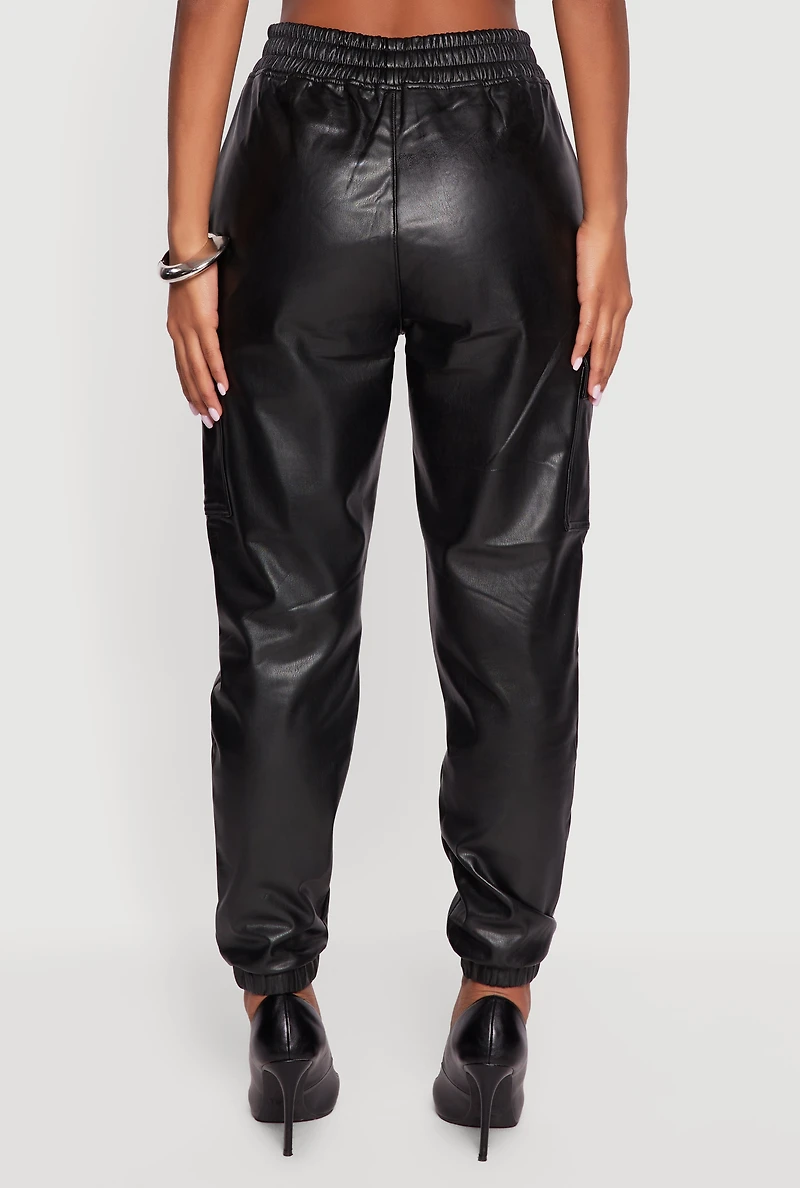 Faux Leather High Waisted Fleece Lined Cargo Joggers