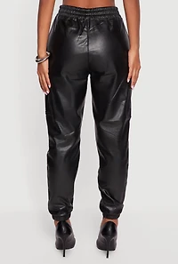 Faux Leather High Waisted Fleece Lined Cargo Joggers
