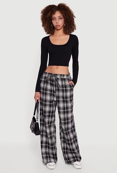 Womens Plaid Mid Rise Wide Leg Lounge Pants,