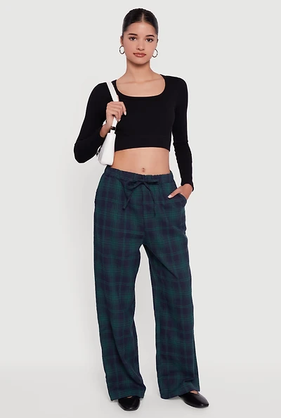Plaid Mid Rise Wide Leg Lounge Pants