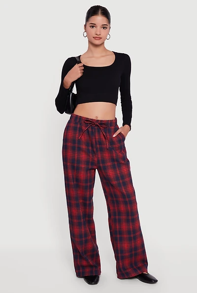 Plaid Mid Rise Wide Leg Lounge Pants