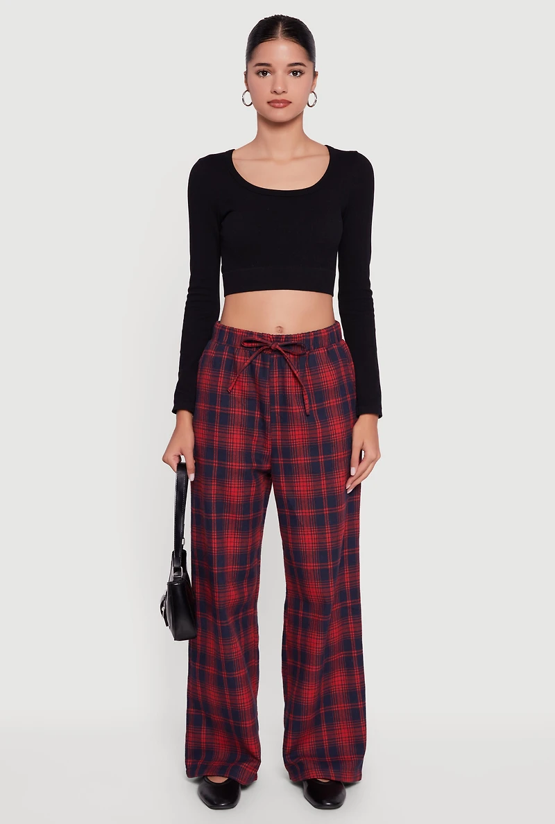 Plaid Mid Rise Wide Leg Lounge Pants