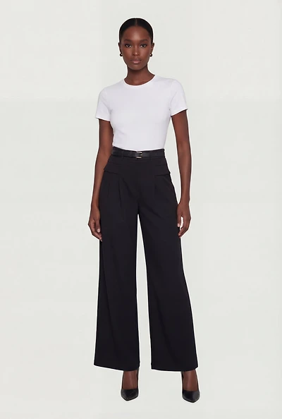 Pleated Wide Leg Dress Pants with Belt