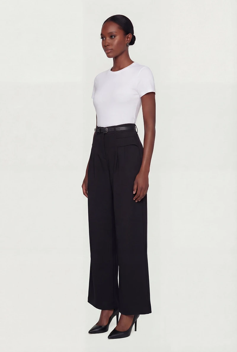 Pleated Wide Leg Dress Pants with Belt