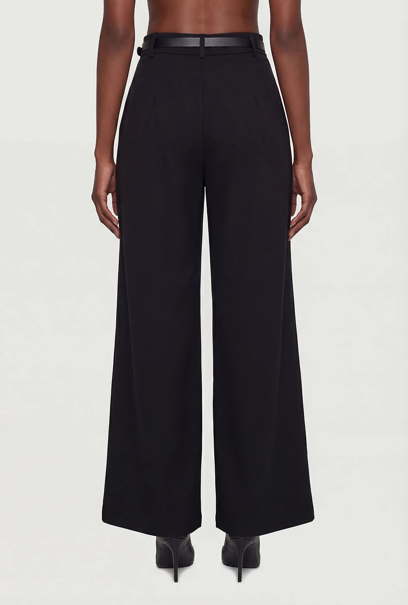 Pleated Wide Leg Dress Pants with Belt