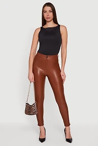 Womens Solid Faux Leather Slim Fit Dress Pants, Brown, Size M