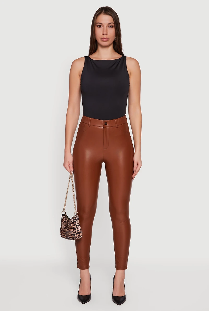 Womens Solid Faux Leather Slim Fit Dress Pants, Brown, Size M