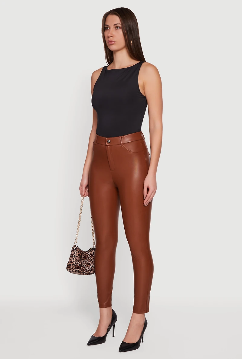 Womens Solid Faux Leather Slim Fit Dress Pants, Brown, Size L