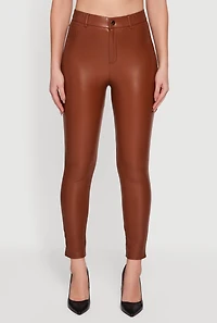 Womens Solid Faux Leather Slim Fit Dress Pants, Brown, Size M