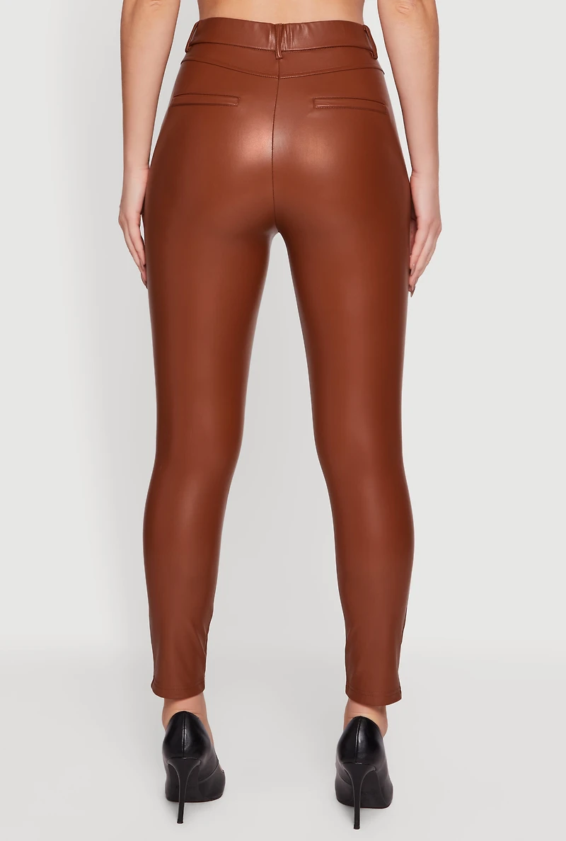 Womens Solid Faux Leather Slim Fit Dress Pants, Brown, Size M