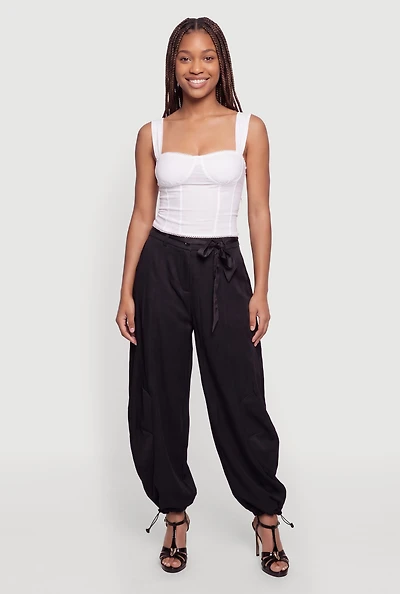 Satin Belted Pintuck Detail Toggle Drawstring Barrel Joggers