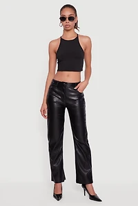 Womens Mid Rise Faux Leather Straight Leg Pants, Black, Size L