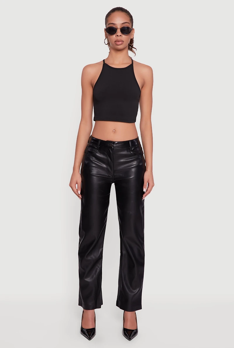 Mid Rise Faux Leather Straight Leg Pants