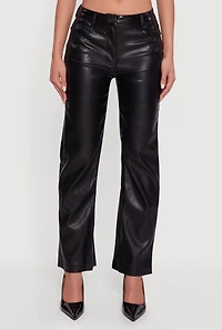 Womens Mid Rise Faux Leather Straight Leg Pants, Black, Size M