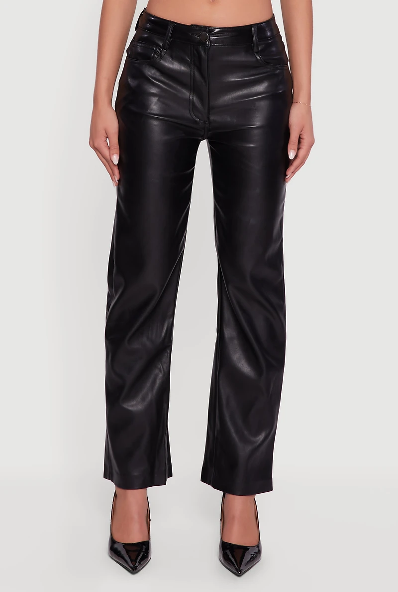 Womens Mid Rise Faux Leather Straight Leg Pants, Black, Size L