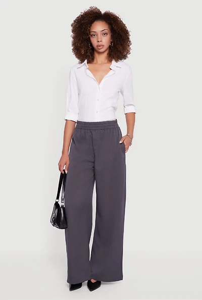 Womens Elastic Waist Wide Leg Pull On Dress Pants, Grey, Size S