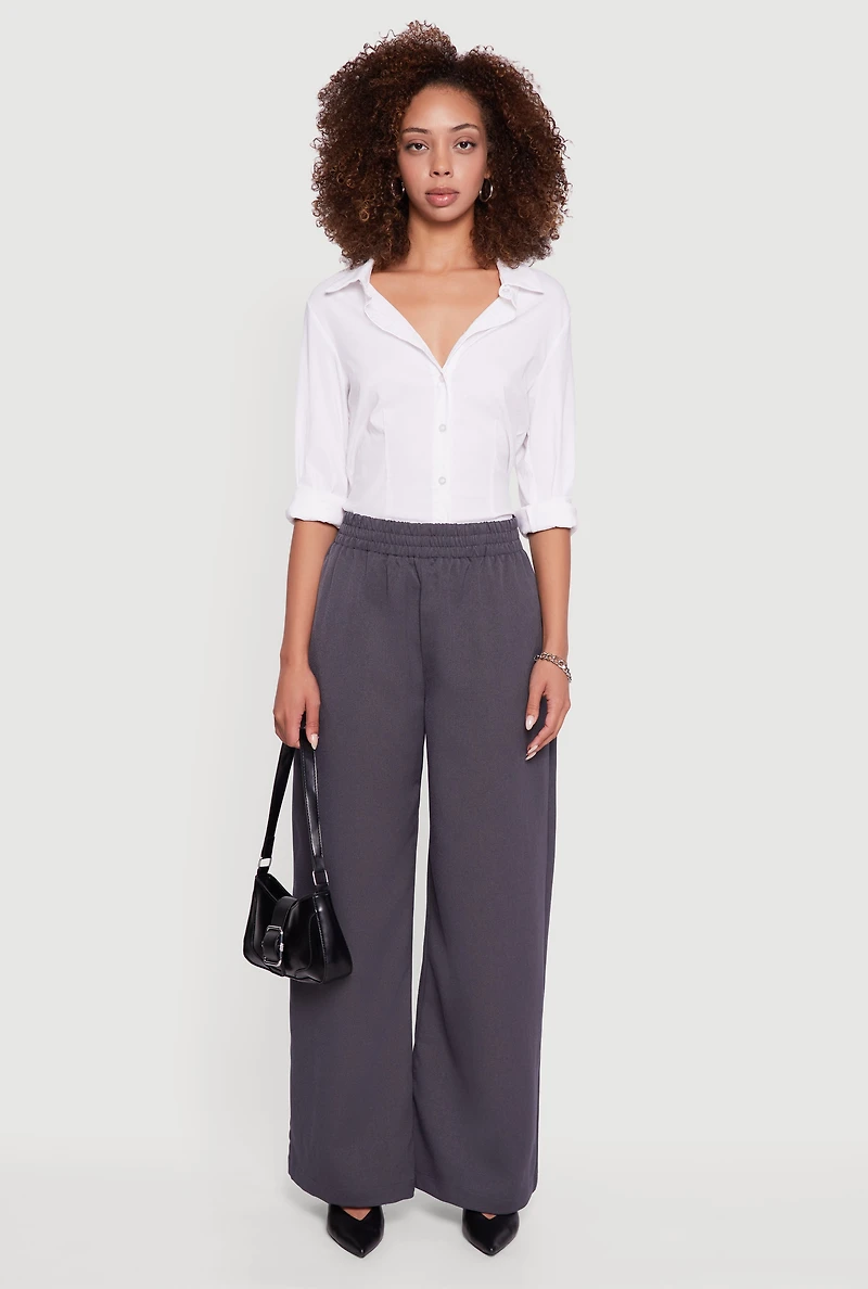 Womens Elastic Waist Wide Leg Pull On Dress Pants, Grey,