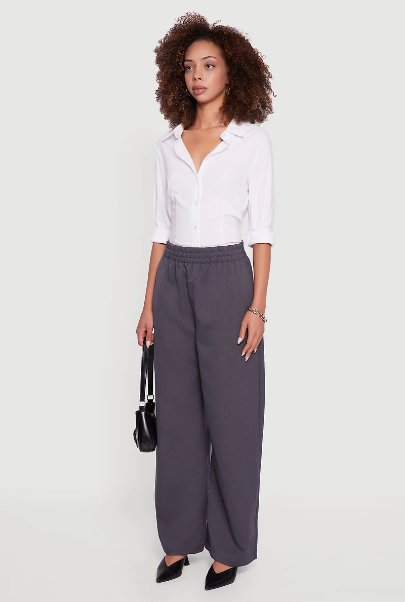 Womens Elastic Waist Wide Leg Pull On Dress Pants, Grey,