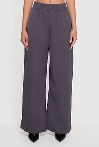 Womens Elastic Waist Wide Leg Pull On Dress Pants, Grey,