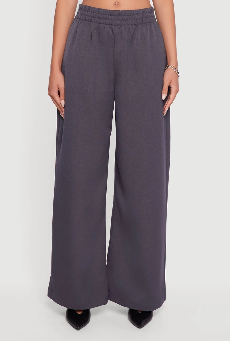 Womens Elastic Waist Wide Leg Pull On Dress Pants, Grey, Size M