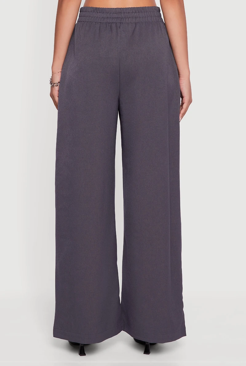 Womens Elastic Waist Wide Leg Pull On Dress Pants, Grey, Size M