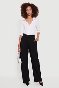 Womens High Waisted Pleated Wide Leg Dress Pants, Black, Size L